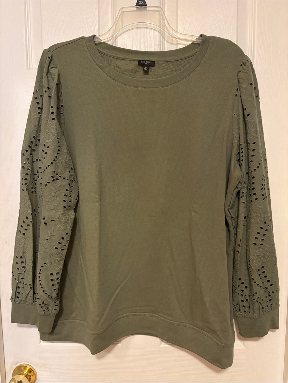 Talbots Olive Eyelet Balloon-Sleeve Pullover Sweatshirt